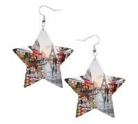 Peinture à l'huile Paris Street Scène Tour Eiffel Imprimés Boucles d'oreilles en cuir Étoile Pendentif élégant et léger pour femmes filles Taille unique Cuir sans pierre précieuse