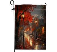 Peinture à l'huile - Réverbère de ville d'automne - Drapeaux de jardin - 30,5 x 45,7 cm - Double face pour décoration extérieure - Motif érable urbain d'automne - Drapeau de maison - Paysage extérieur