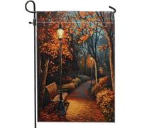Peinture à l'huile - Réverbère de ville d'automne - Drapeaux de jardin - 30,5 x 45,7 cm - Double face pour décoration extérieure - Banc urbain d'automne - Motif feuille d'érable - Drapeau de maison