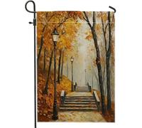 Peinture à l'huile - Réverbère de ville d'automne - Drapeaux de jardin - 30,5 x 45,7 cm - Double face pour l'extérieur - Motif urbain d'automne - Motif érable - Drapeaux de maison en toile standard