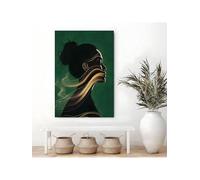 Peinture à l'huile sur toile abstraite représentant des lignes dorées, profil féminin, décoration d'intérieur, pour salon, 70 x 100 cm (28 x 39 pouces), cadre intérieur