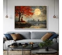 Peinture à l'huile sur toile représentant un Bouddha méditatif, affiche représentant un érable rouge, art mural pleine lune, peinture de paysage, décoration intérieure (20 x 30 cm / cadre intérieur)