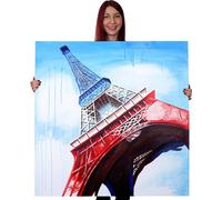 Tableau À L'huile, Tour Eiffel Tricolore, Peint À La Main À 100%, Toile De Décoration Murale Xl 100x100cm