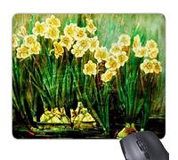 Peinture à l'huile Vert jaune jonquilles Fleur Poisson Motif illustration de rivière rectangle en caoutchouc antidérapant Tapis de souris de jeu de souris Cadeau