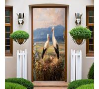 Peinture à L'Huile Vintage Papier Peint Porte 90x200 cm Deux cigognes dans de belles montagnes Trompe l'oeil Sticker Poster Porte Trompe l'oeil Intérieure PVC pour Déco Mur Salon Cuisine Chambre