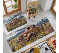 Peinture À L'Huile Vintage Tapis de Cuisine Devant Evier Antidérapant Lavable, Vieux Camion Herbes Folles Montagnes Tapis Couloir Absorbant pour Buanderie Cuisine Salle de Bain - 44x75+44x120cm