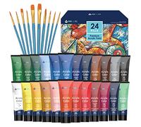 Peinture Acrylique 24 Tubes 36ml Set de Peinture Acrylique avec pinceaux Non Toxique Couleurs Brillantes pour Peinture sur Toile Papier Bois Pierre Artistes Enfants,Pigments Riches