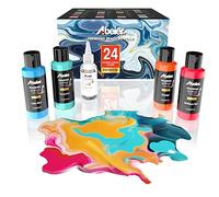 Peinture acrylique coulée, flacons de 2 oz, ensemble de 24 couleurs assorties et huile de silicone (1 oz), pré-mélangé, haut débit, peinture pour toile, verre, papier, bois, carrelage, pierres