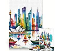 Peinture Aquarelle du Port de Sydney Puzzle de 1000 pièces pour Adolescents Jeu de réflexion Simple et Amusant Découpe précise Père Noël Vœux 38x26cm