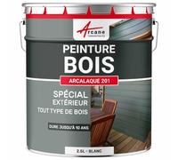 Peinture Bois Extérieur et Intérieur Microporeuse 2.5 L Blanc - RAL 9003 | S'Applique sans Primaire, Microporeuse, Laisse Respirer le Bois, Résiste aux Uv, Fort Pouvoir Couvrant - Arcane Industries