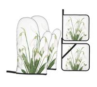 Peinture botanique à l'aquarelle d'une Fleur de Perce-Neige Blanche,Gants de Cuisine antidérapants et maniques (Lot de 4), résistants à la Chaleur.