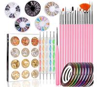 Peinture Brosse à Pinceaux 47 pièces Nail Art fournitures 15 Nail art Brosses Set 5 Stylos Dotting 10 Striping Tape 5 Nail Art Strass 12 Couleur Glitter pour Kit de Nail Art Décoration