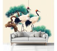 Peinture Chinoise Branches De Pin Grues Murale Photo Papier Peint 250 x 175 cm Intissé Tableaux Poster Mural Tapisserie, Beige Papier Peint Panoramique Salon Maison Décorative Tenture Appartement
