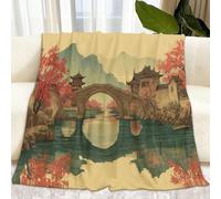 Peinture Chinoise Couverture Flanelle Pont De Pierre Fleurs De Cerisier Pagode 180 x 220 cm Douce Moelleuse Flanelle Couverture de Lit, Beige Plaid Polaire Jeté de Canapé Convient Adultes et Enfants