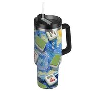 Peinture d'art bleu chinois Mahjong Bouteille d'eau sous vide à large goulot avec poignée, couvercle anti-fuite et paille - Tasse à café de voyage décorative pour école, sport, garderie, camping et