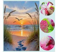 Peinture de diamants 5D DIY Décor de paysage de coucher de soleil sur la plage, comprenant des empreintes de pas dans le sable, des mouettes, des vagues, un cadre décoratif et de la verdure, mosaïque 