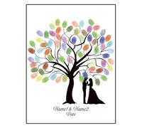 Peinture de livre d'or mariage avec empreintes digitales, feuille d'arbre, Silhouette mariée et marié (sans cadre, tampon encreur inclus)(Color012,40x60cm)