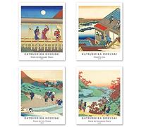 Peinture de Modèle d'art Décoratif en 4 Pièces , Décoration Murale d'image de Motif de Ukiyo-e Japonés Sans Cadre,Taille du papier d'art: 28x35 cm, Nature Paysage Pour Salon Katsushika Hokusai Poster