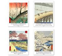 Peinture de Modèle d'art Décoratif en 4 Pièces , Décoration Murale d'image de Motif de Ukiyo-e Japonés Sans Cadre,Taille du papier d'art: 20x25 cm, Nature Pour Salle de Bain Utagawa Hiroshige Poster