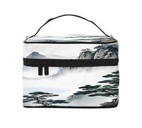Peinture de paysage chinois - Grande trousse de maquillage imperméable pour voyage et salle de sport, organiseur de maquillage avec 4 sangles élastiques et compartiments, tissu sergé de qualité