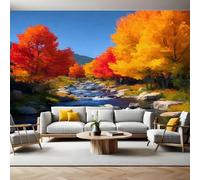 Peinture de Paysage D'Automne Papier Peint Intissé 200x140 cm Aquarelle Stream Papier Peint Panoramique Mural Affiche Géante Décoration Murale Photo Salon Chambre D'enfant Décor Fond TV