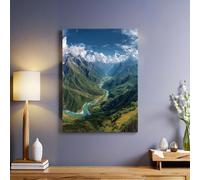 Peinture de Paysage Impression artistique rivière des montagnes vertes sur toile 50x40 cm Tableau mural moderne avec cadre bois naturel Décoration maison pour salon chambre bureau cuisine