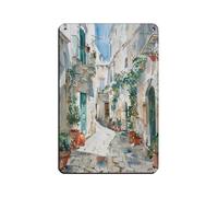 Peinture des Pouilles - Paysage de rue de l'Italie du Sud - Aquarelle - Plaque vintage en métal - Décoration murale rétro - 20 x 30 cm