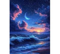 Peinture Diamant Adulte Lune, 5D Diamond Painting Adulte Débutants, Kit Broderie Diamond Painting Vagues De L'Océan, DIY Cristal Point de Croix Broderie Diamant Kit Complet, Décoration 15X20cm Q-46