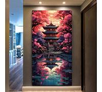 Peinture Diamant Adulte, Temple Diamond Painting 5D Complet Fleurs de cerisier Grand Format 30x70cm, Diamant Strass Point de Croix Cristal Painting, Diamond-Painting Mosaïque Art, Murale Décoration