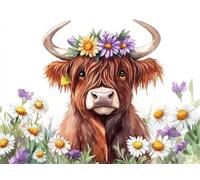 Peinture Diamant Adulte Vache Highlands Diamond Painting Enfant 5D Kit Broderie Diamant Painting Fleurs, Loisirs Créatifs Adultes Point de Croix Cristal Art, pour Décoration Murale 20x30 cm Q4-1460