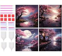Peinture Diamant Cerisier lunaire 4 Pack 5D Diamond Painting Kit Complet, DIY Diamant Painting Adulte Enfant Broderie Point de Croix Diamond Painting pour Maison Salon Chambre Décor 10x10cm T-9389