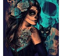 Peinture Diamant Crâne Femme et Chat,Diamond Painting Kit Complet Broderie Diamant,Diamant Painting Horreur Theme Gothique Kits de Broderie Au Point de Croix Peinture Diamant 5D Complet,50 x 50 cm