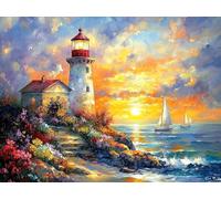 Peinture Diamant Phare Diamond Painting Adulte, 5D Coucher De Soleil Diamant Peinture Kit Complet, DIY Activité Manuelle Adulte Strass Cristal Point de Croix Broderie Painting Murale 80x100cm h-654
