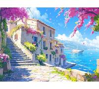 Peinture Diamant Vue Sur la Mer Maison Blanche Diamond Painting Adulte Grand Format 100x70cm, DIY 5D Diamant Painting kit Diamant Strass Point de Croix Cristal Painting pour Murale Décoration