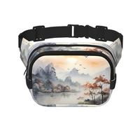 Peinture d'oiseaux et de montagnes imprimé sac à bandoulière tendance, sac de taille de randonnée, sac à bandoulière carré double couche de voyage et de remise en forme