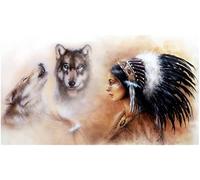 Peinture indienne Art imprimé, homme indien amérindien femme dans la plume d'aigle avec toile d'art mural de loup, affiches historiques vintage modernes imprime des images mystiques, femme,30×60cm