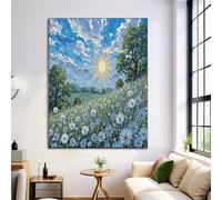 Peinture L'Huile Paysage Decoration Murale, Vert Tableau Lumière Soleil Marguerites Poster Photo Impression sur Toile Tableau Deco Artistique Murale pour Salon, sans Cadre 60x90cm