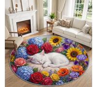 Peinture l'Huile Romantique Tapis Rond 160 cm Antidérapant Lavable Machine | Doux Art Abstrait Rustique Animal Chat Floral Tapis Rond pour Salon Chambre Salle À Manger, Facile d'entretien Blanc