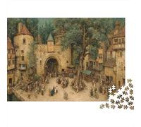 Peinture médiévale Personnes sur la Place du village1000 Pièces, Puzzle Impossible pour Adultes, Cadeaux, pour Enfants38x26cm/1000pcs