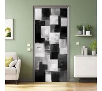 Peinture Murale 3D Stickers Porte Auto Adhésif PVC Amovible Imperméable Autocollants De Porte Muraux, Blocs De Couleur Abstraits Carrés, 88x200 cm, Noir Blanc