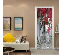 Peinture Murale 3D Stickers Porte Trompe Loeil Effet Adhésif Scènes Multiples Amovible Décoration PVC Imperméable Autocollants De Porte Muraux.Rue des fleurs rouges70 x 200 cm