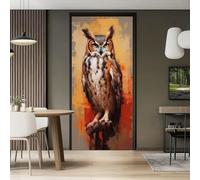Peinture Murale 3D Stickers Porte Trompe L'oeil Effet Décoratif Abstrait Hibou Peinture À L'Huile Brun Auto Adhésif PVC Amovible Imperméable Autocollants De Porte Muraux Amovible, 80 x 210 cm