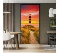 Peinture Murale 3D Stickers Porte Trompe L'oeil Effet Décoratif Nature Phare Plage Coucher De Soleil Rouge Orange Auto Adhésif PVC Amovible Autocollants De Porte Muraux Amovible, 88 x 200 cm
