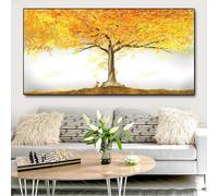 Peinture murale abstraite sur toile avec feuilles dorées et arbres jaunes, décoration de salon, 60 x 120 cm (24 x 47 pouces), sans cadre