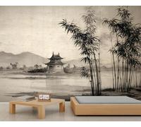 Peinture murale d'art de pavillon en bambou à l'encre chinoise haute définition, design classique d'esthétique orientale, décoration murale facile à installer pour intérieurs élégants 400x280cm