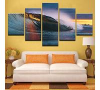 Peinture Murale D'Art L'Image 5 Pièces Impression Sur Toile Intissée Sunset Ray Peinture D'Énormes Vagues De L'Océan Moderne Salon Appartement Domicile Décoration Modulaire Poster Mural Encadré