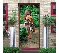 Peinture Murale De Porte Sticker Trompe L'Œil Tigre Animal Herbe Verte Stickers De Porte 3D Effet Décoration Auto Adhésif Amovible Imperméable Pvc Autocollants De Porte 77X200 Cm - Papier Peint De La