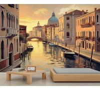 Peinture murale du canal de Venise - Vintage - Paysage urbain européen - Coucher de soleil - Paysage urbain - Peinture à l'huile 3D - Papier peint de ville pour chambre à coucher, salon - 200 x 140 cm