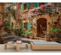 Peinture murale du Village Méditerranéen, Maisons de pierre rustiques avec fleurs colorées et volets verts, Décoration murale de style européen pour salon 250x195cm (Non autocollant)