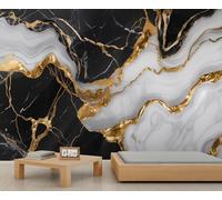 Peinture murale en marbre noir et doré - Texture marbre de luxe - Art fluide - Art abstrait - Pour chambre à coucher, salon, salle d'étude - Ne se décolle pas et ne colle pas - 400 x 280 cm
